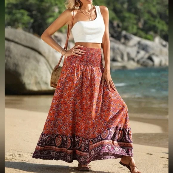 Boho floral print shirred high waist maxi skirt